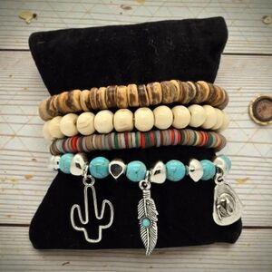 Boho Beaded Stacked Bracelets Set 4 Cactus Feather Cowboy Hat Charm Turquoise